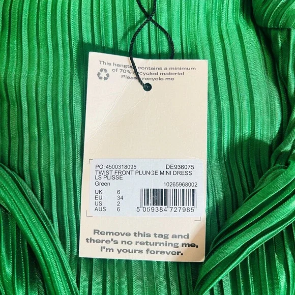 Missguided Womens Plisse Twist Front Plunging Long Sleeve Mini Dress Sz 2 Green - Picture 5 of 13